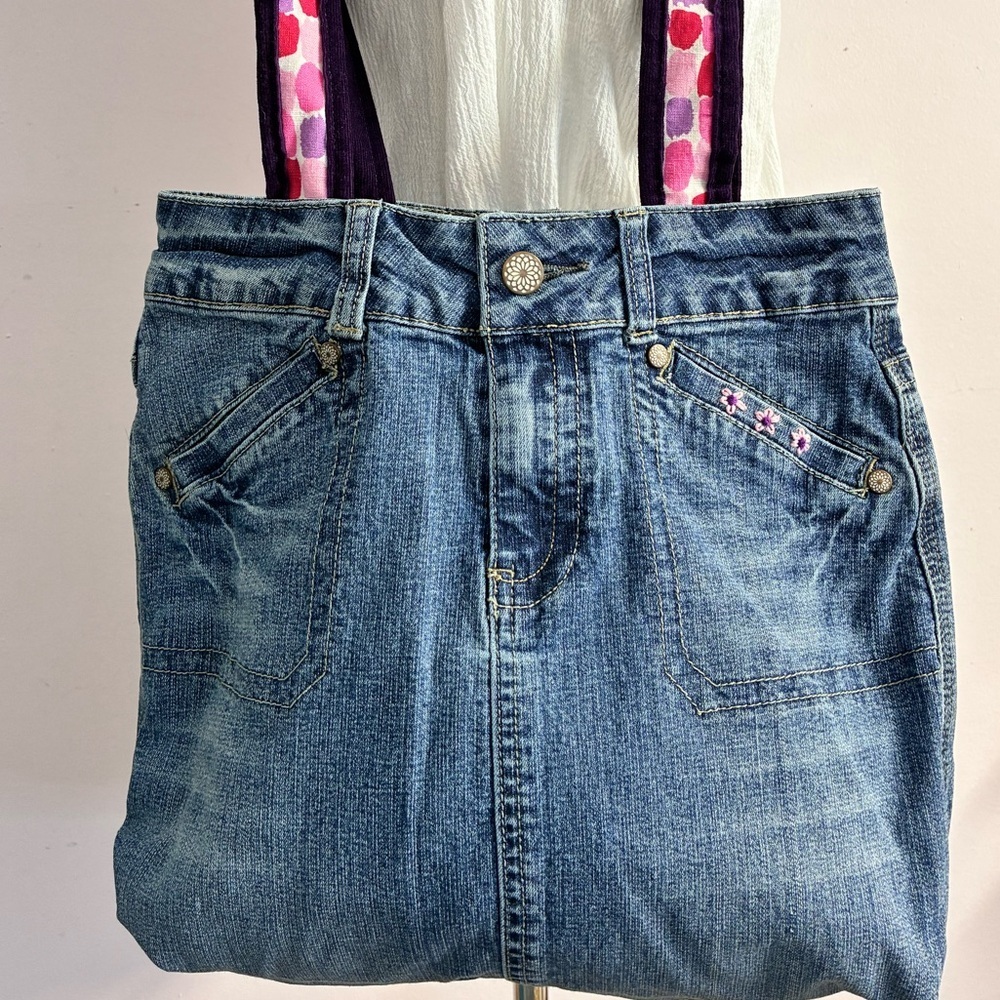 Handmade/Upcycled Denim Shoulder Bag, Embroidery, Blue/Pink; Street/Casual